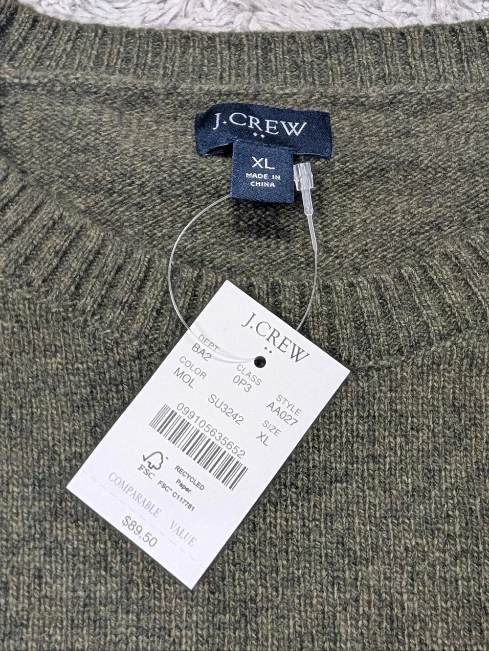 J. Crew Sweater Mens XL Green Fatigue Lambswool Blend Soft Crewneck NEW
